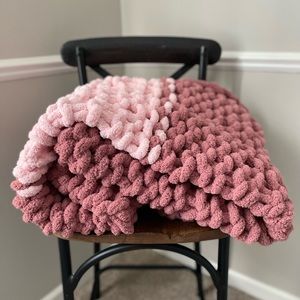 Chunky Blanket Handwoven Bernat Extra Thick Blanket with Rose & Pale Pink Stripe